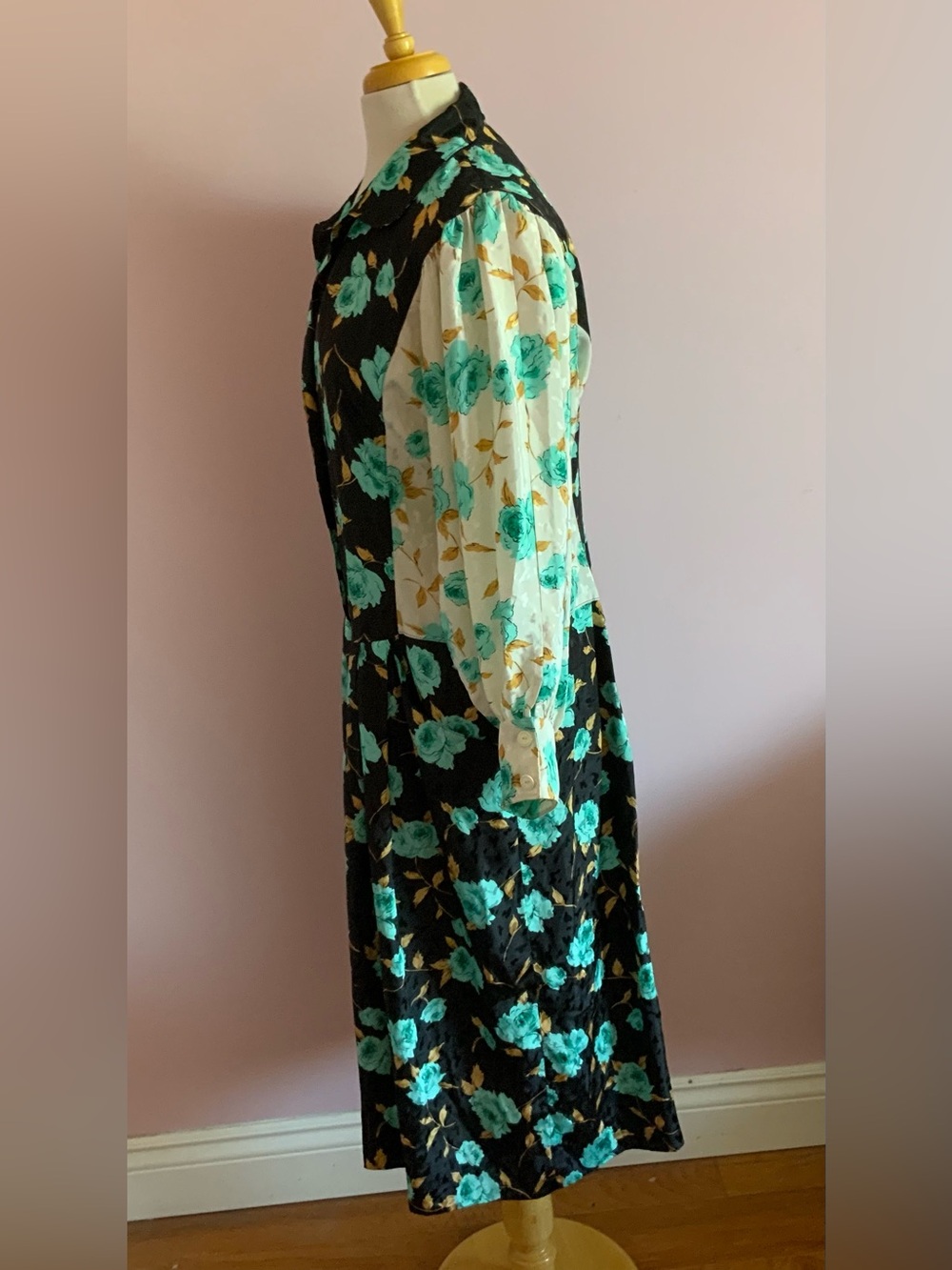 Vintage 80s Floral Long Sleeve Dress in Teal & Black - Picture 4 of 8